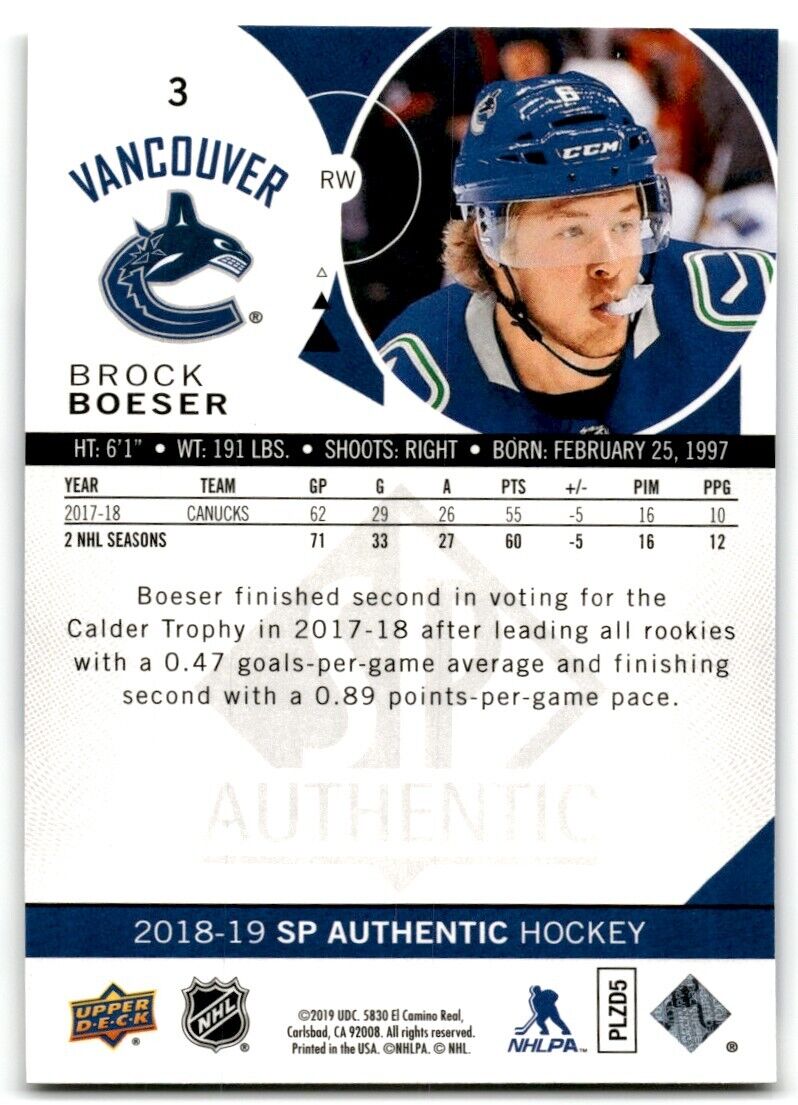 2018-19 SP Authentic Brock Boeser Vancouver Canucks #3