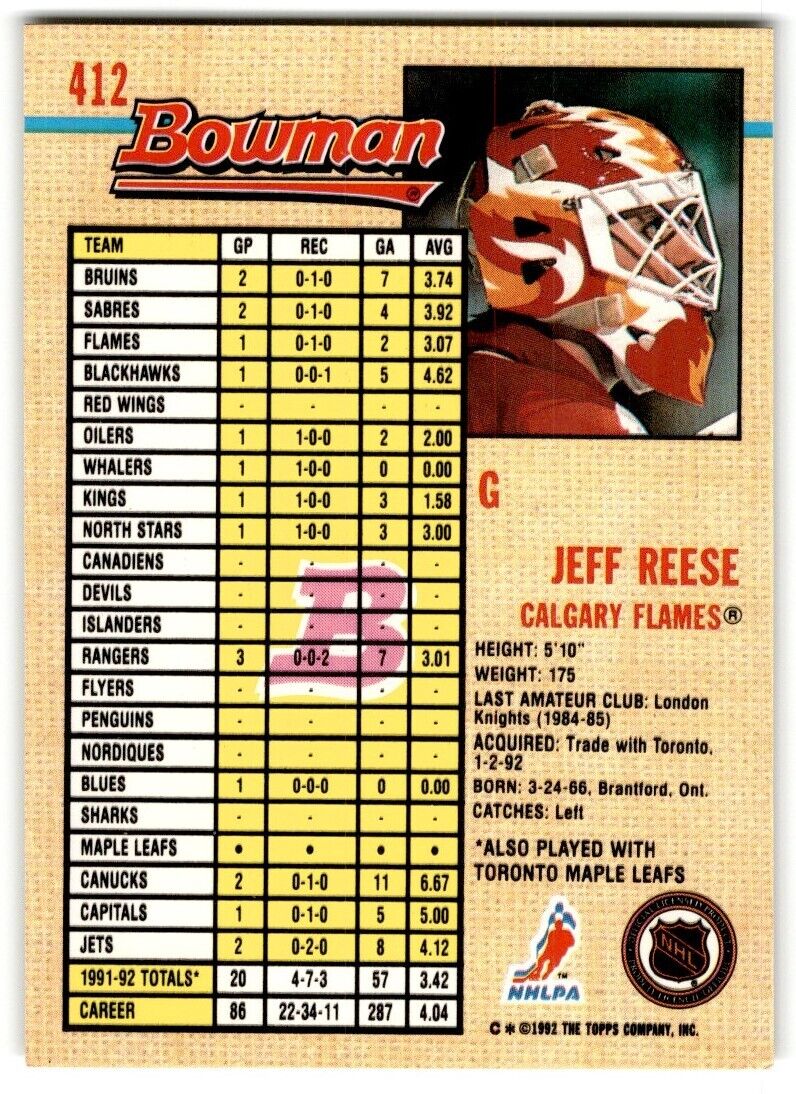 1992-93 Bowman Jeff Reese Calgary Flames #412