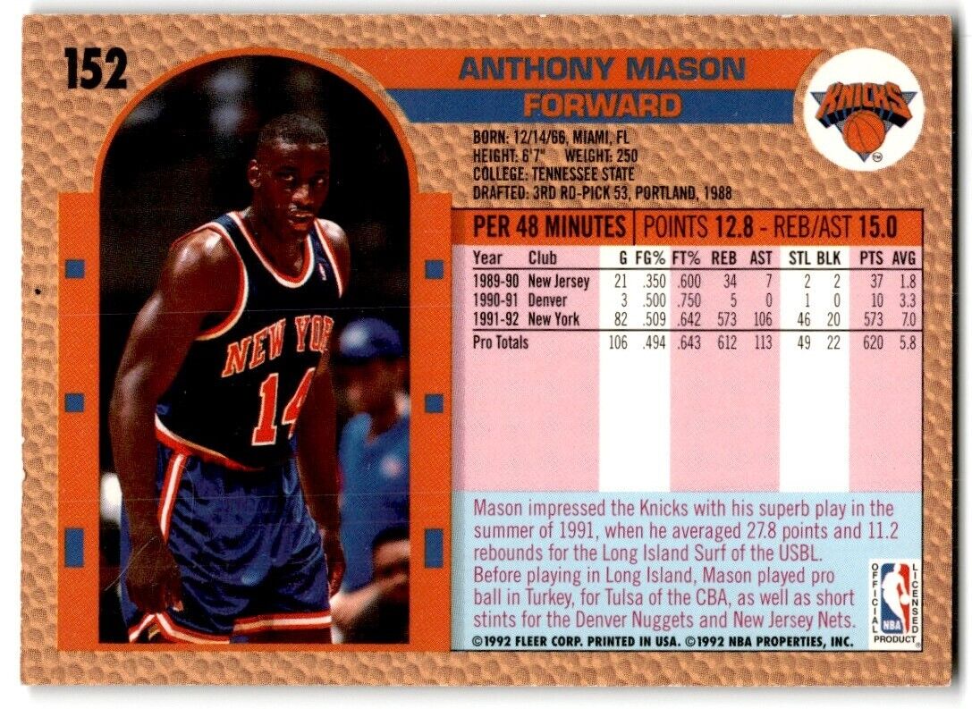 1992-93 Fleer Anthony Mason New York Knicks #152