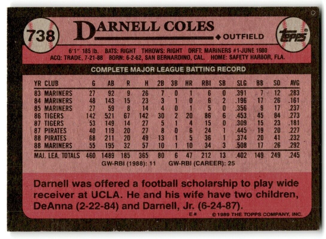 1989 Topps Darnell Coles Seattle Mariners #738