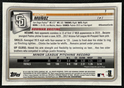 2020 Bowman Chrome Andres Muñoz Rookie San Diego Padres #7