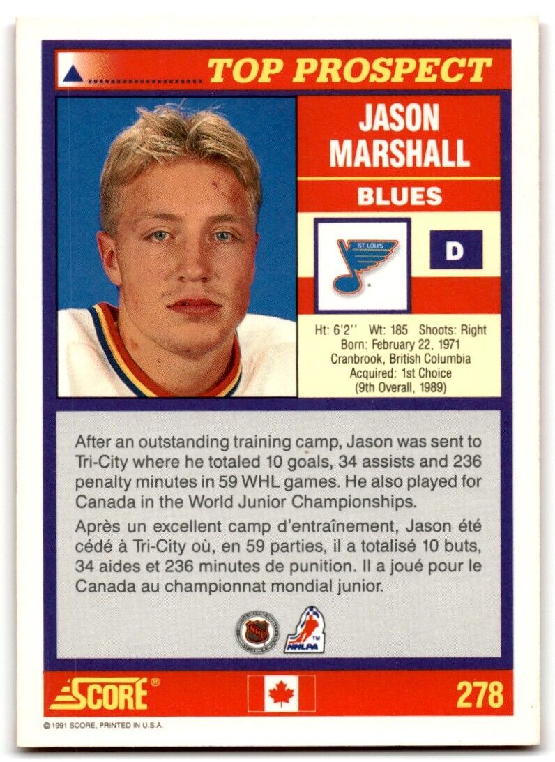 1991-92 Score Canadian Bilingual Jason Marshall St. Louis Blues #278