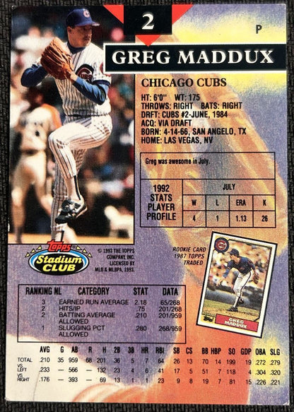 1993 Stadium Club Greg Maddux Chicago Cubs #2