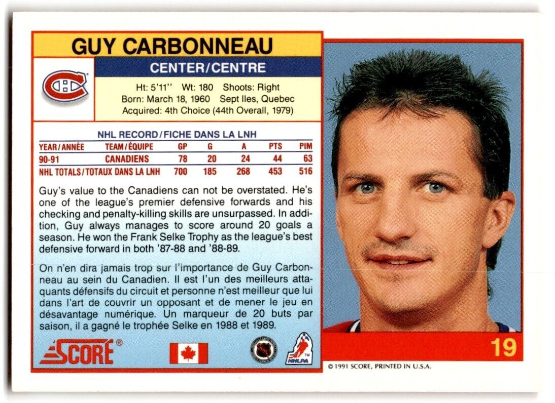 1991-92 Score Guy Carbonneau Montreal Canadiens #19