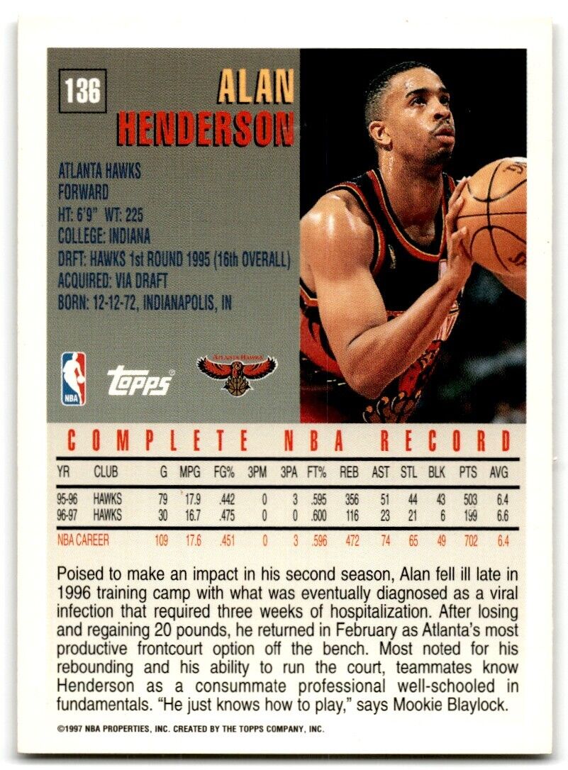 1997-98 Topps Alan Henderson Atlanta Hawks #136