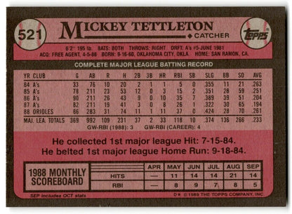 1989 Topps Mickey Tettleton Baltimore Orioles #521