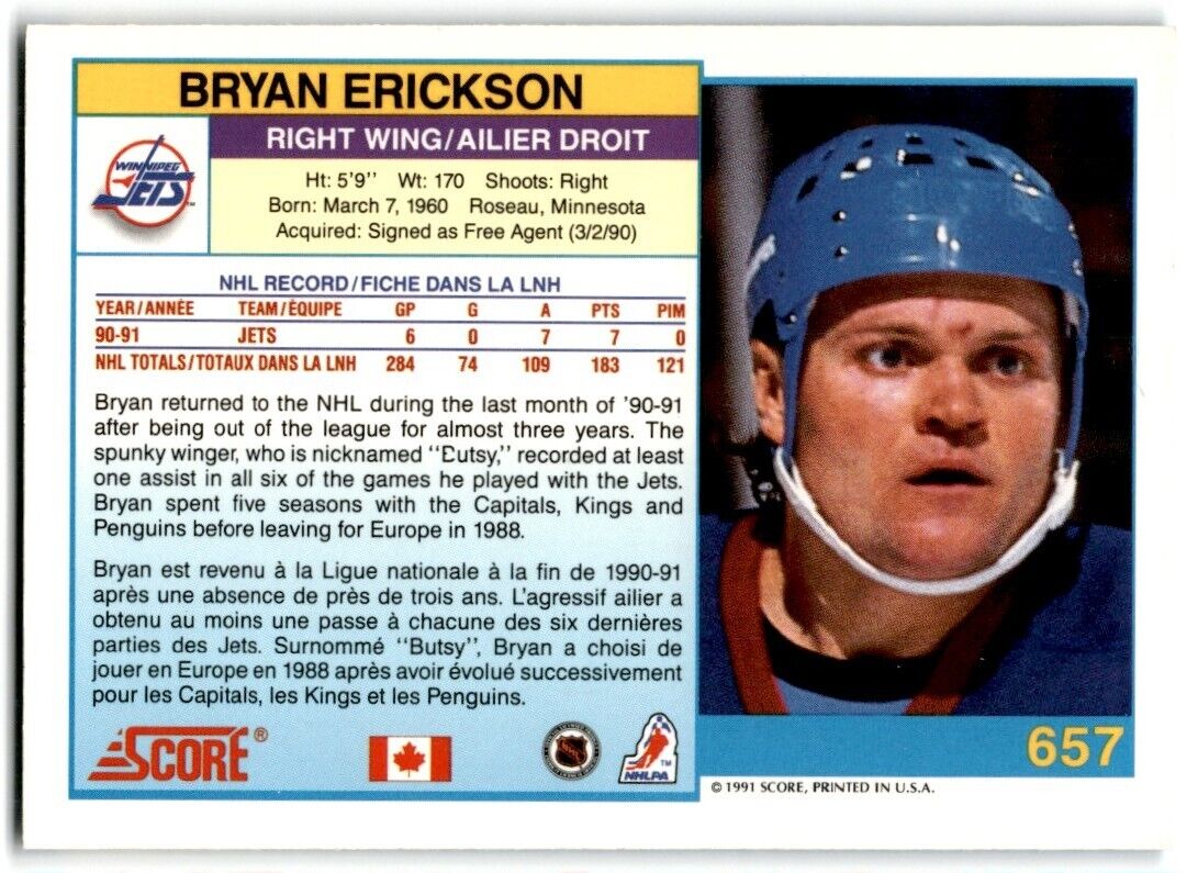 1991-92 Score Canadian Bryan Erickson Winnipeg Jets #657