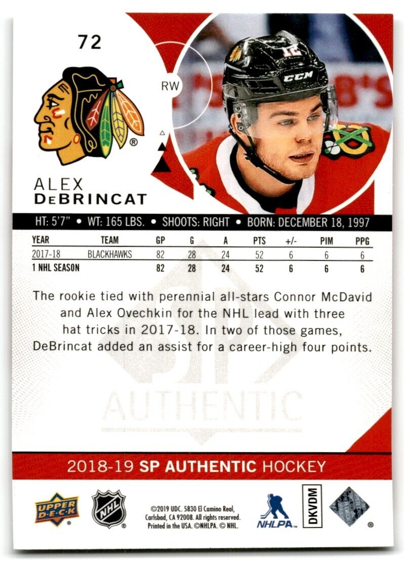 2018-19 SP Authentic Alex DeBrincat Chicago Blackhawks #72