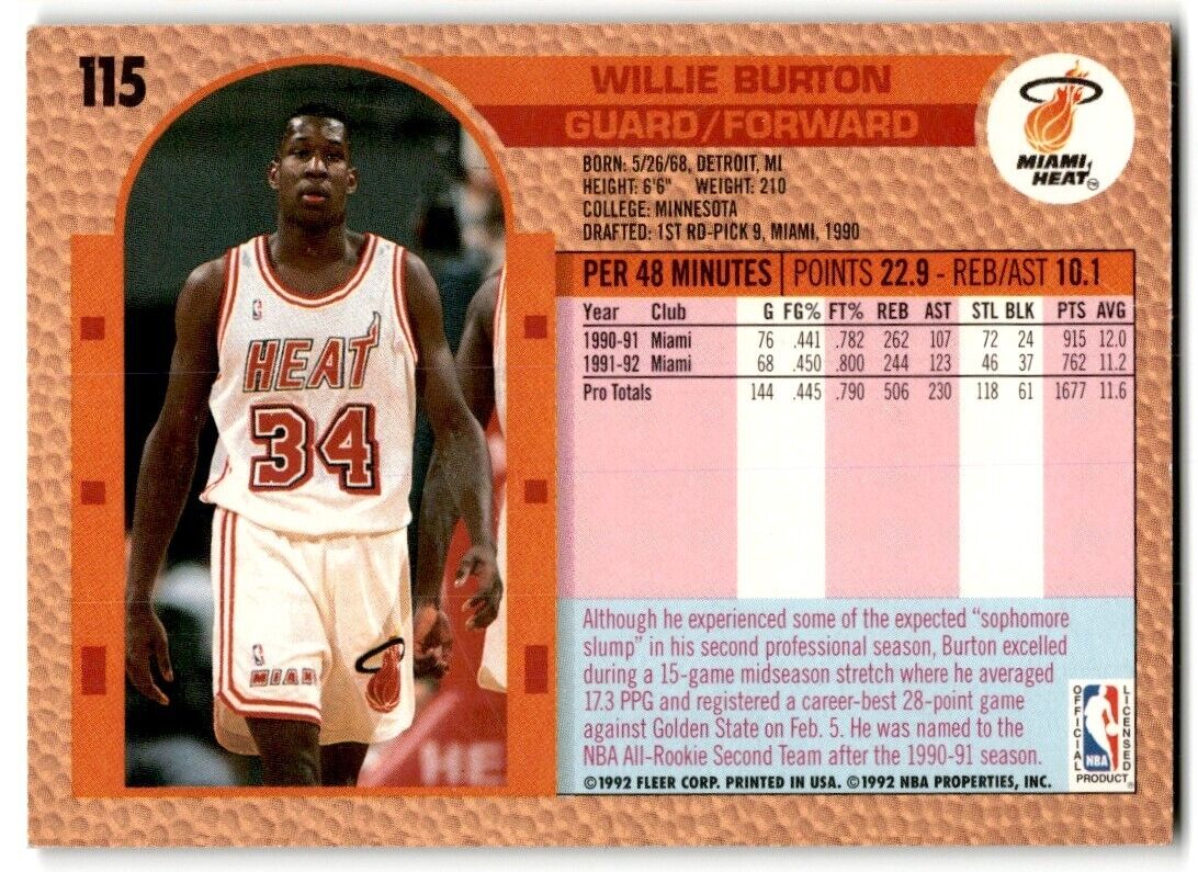 1992-93 Fleer Willie Burton Miami Heat #115