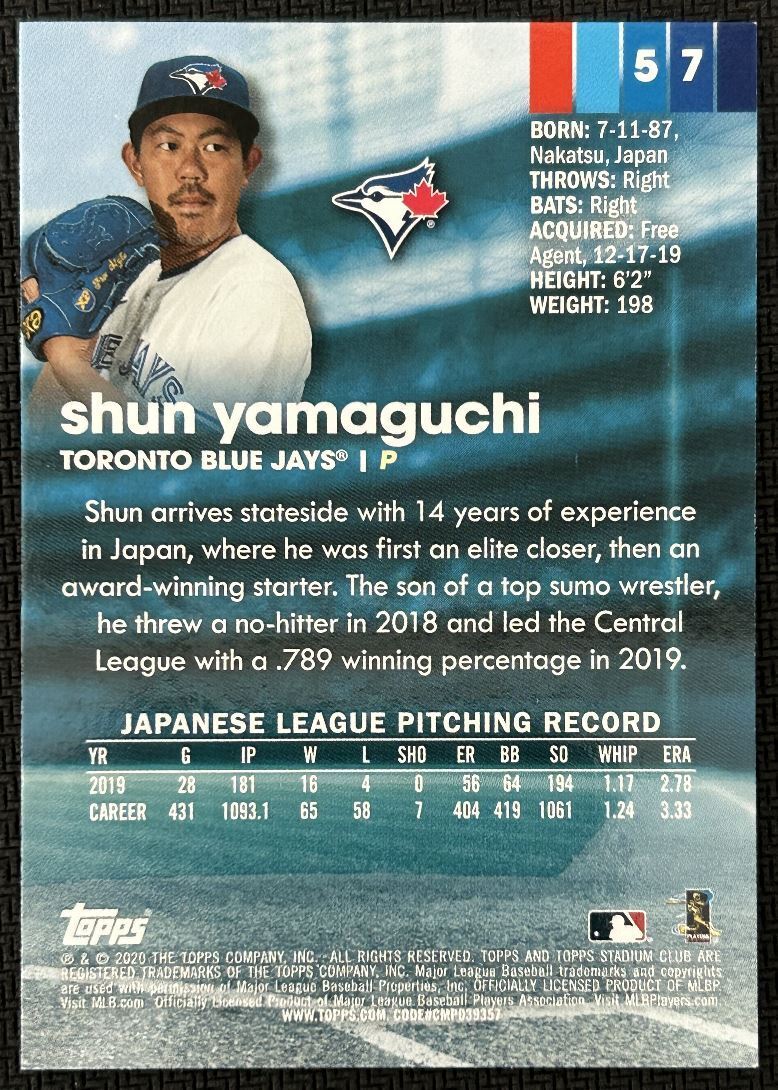 2020 Topps Stadium Club Shun Yamaguchi Rookie Toronto Blue Jays #57