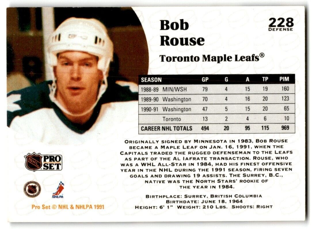 1991-92 Pro Set Bob Rouse Toronto Maple Leafs #228