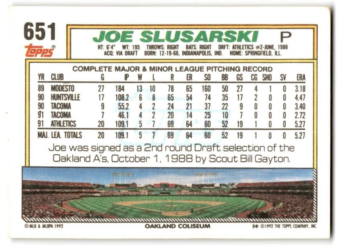 1992 Topps Joe Slusarski Oakland Athletics #651