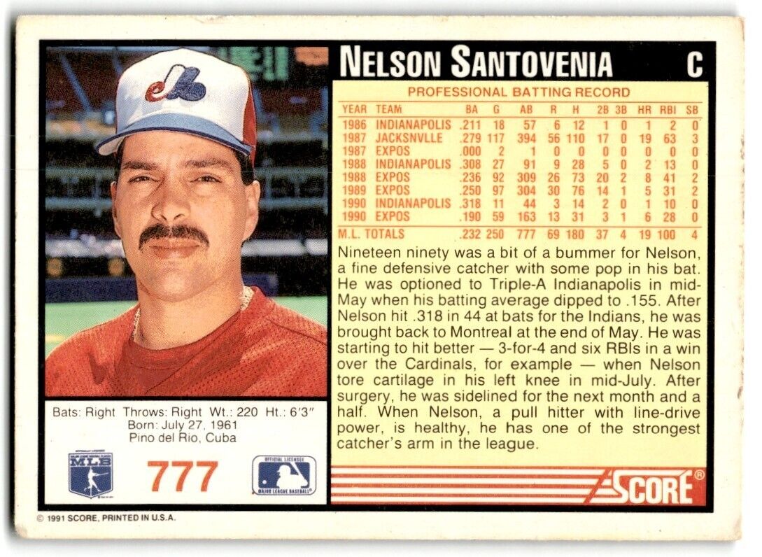 1991 Score Nelson Santovenia Montreal Expos #777