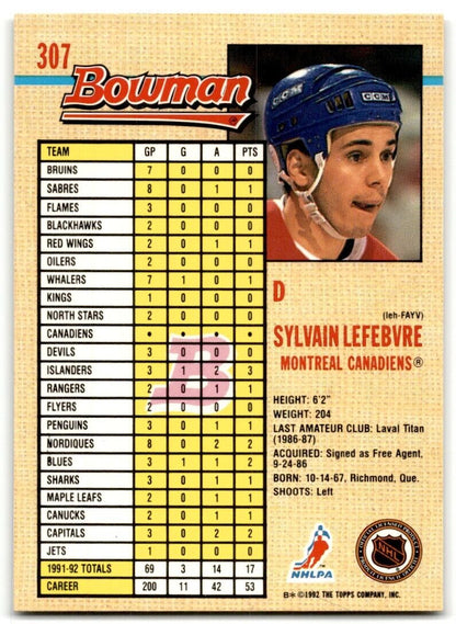 1992-93 Bowman Sylvain Lefebvre Montreal Canadiens #307