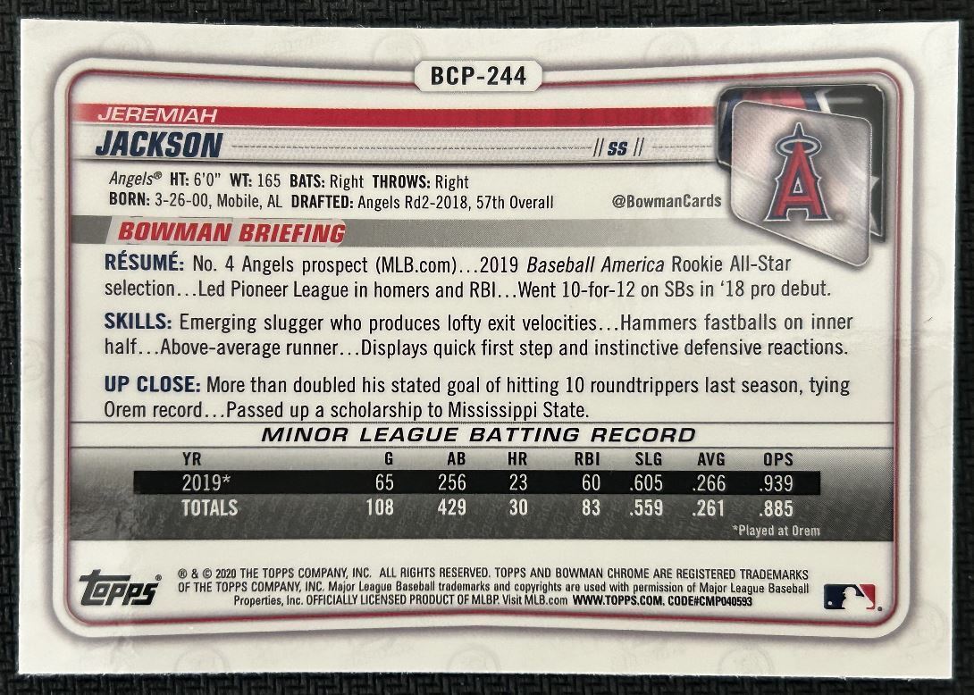 2020 Bowman Chrome Prospects Jeremiah Jackson Los Angeles Angels #BCP-244