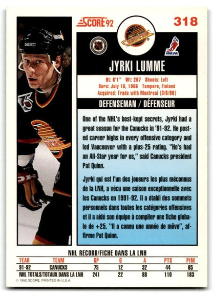 1992-93 Score Jyrki Lumme Vancouver Canucks #318