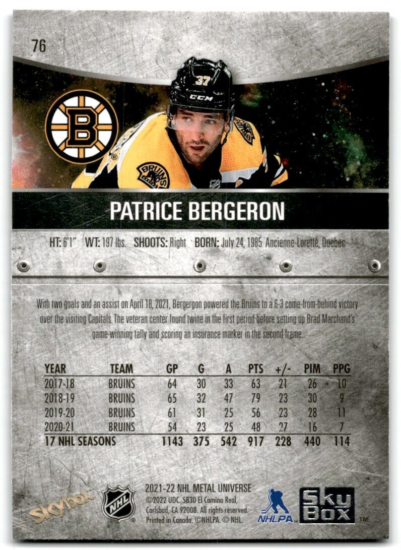 2021-22 Skybox Metal Universe Patrice Bergeron Boston Bruins #76