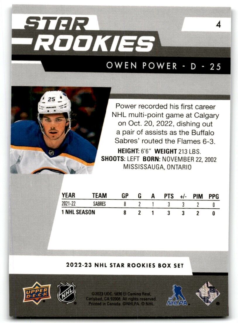 2022-23 Upper Deck Star Rookies Owen Power Rookie Buffalo Sabres #4