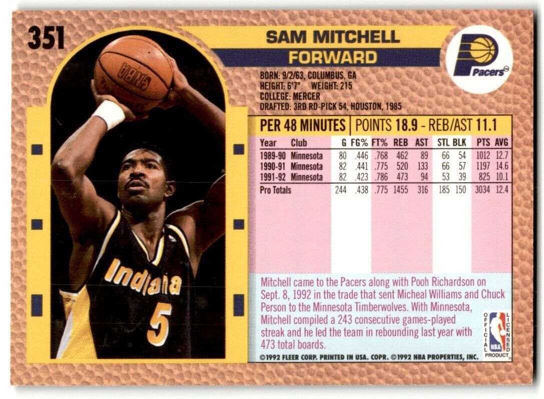 1992-93 Fleer Sam Mitchell Indiana Pacers #351