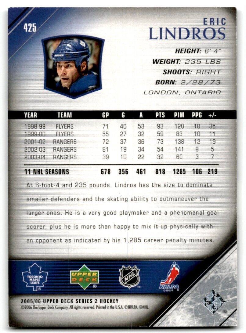 2005-06 Upper Deck Eric Lindros Toronto Maple Leafs #425