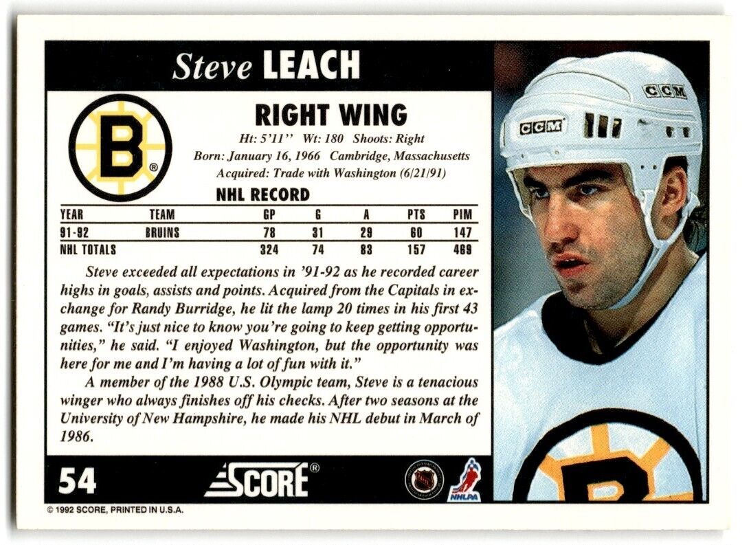 1992-93 Score Steve Leach Boston Bruins #54