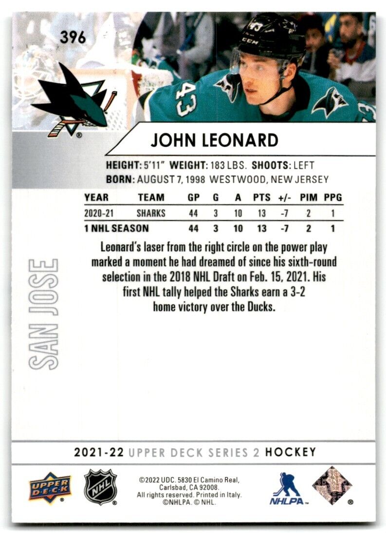 2021-22 Upper Deck John Leonard San Jose Sharks #396