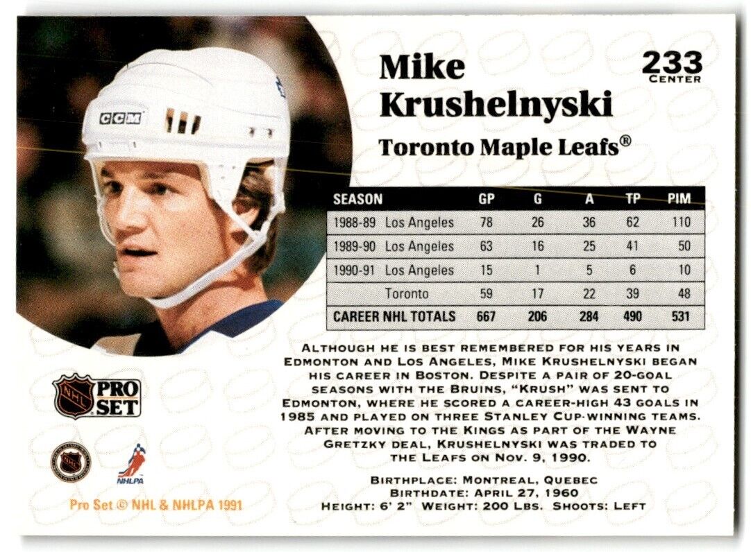 1991-92 Pro Set Mike Krushelnyski Toronto Maple Leafs #233