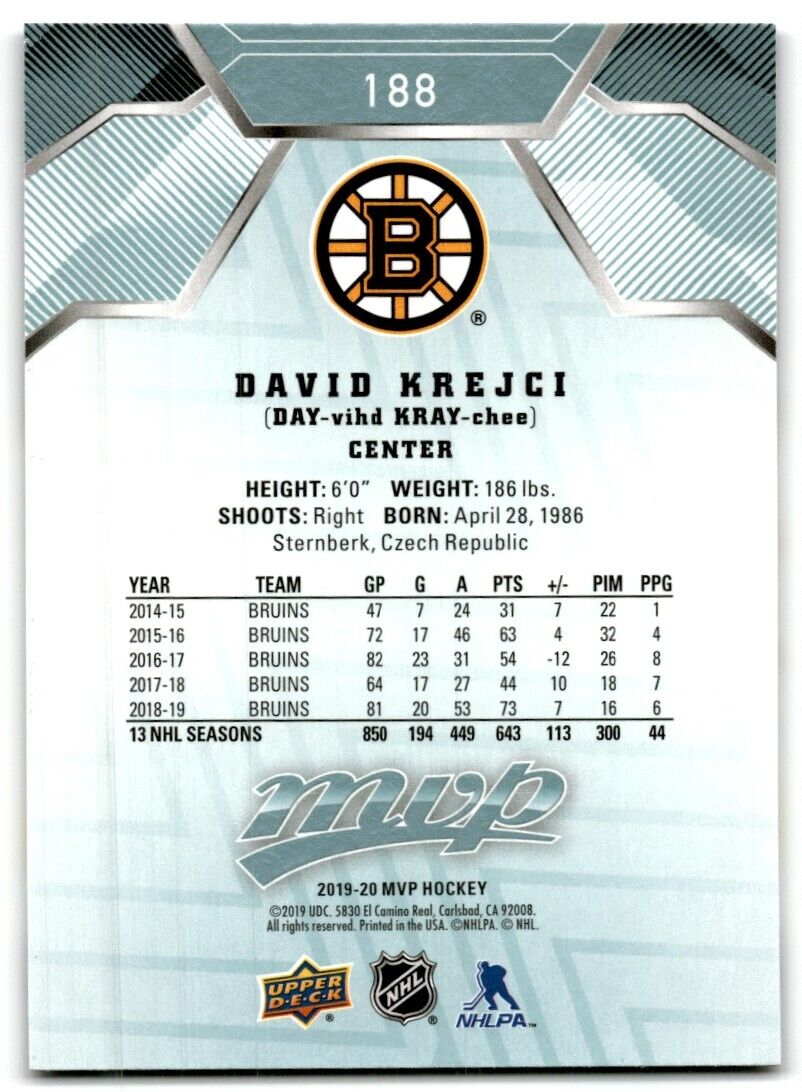 2019-20 Upper Deck MVP David Krejci Boston Bruins #188