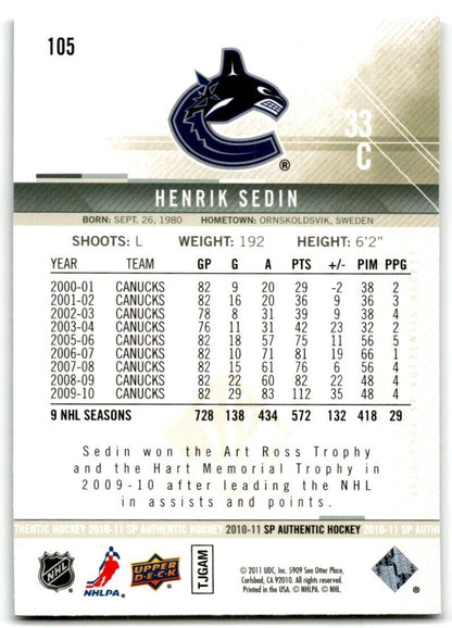 2010-11 SP Authentic Henrik Sedin Vancouver Canucks #105