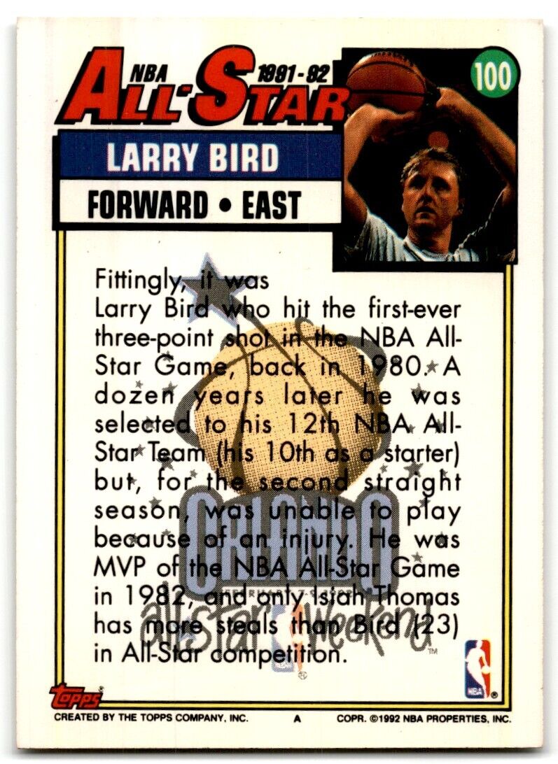 1992-93 Topps All-Star Larry Bird Boston Celtics #100