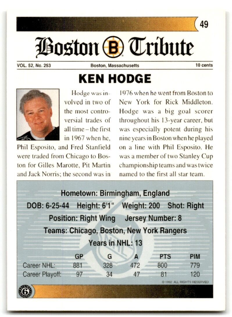 1991-92 Ultimate Original 6 Ken Hodge Boston Bruins #49