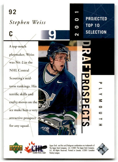 2000-01 Upper Deck CHL Prospects Stephen Weiss Plymouth Whalers #92