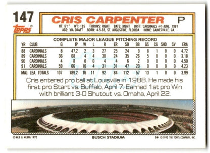 1992 Topps Cris Carpenter St. Louis Cardinals #147