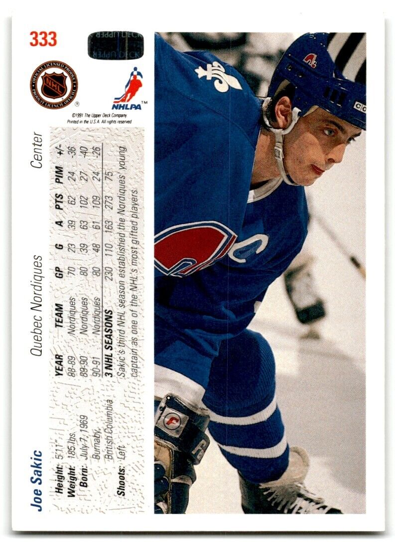 1991-92 Upper Deck Joe Sakic Quebec Nordiques #333