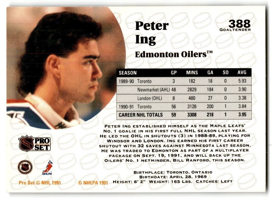 1991-92 Pro Set Peter Ing Edmonton Oilers #388