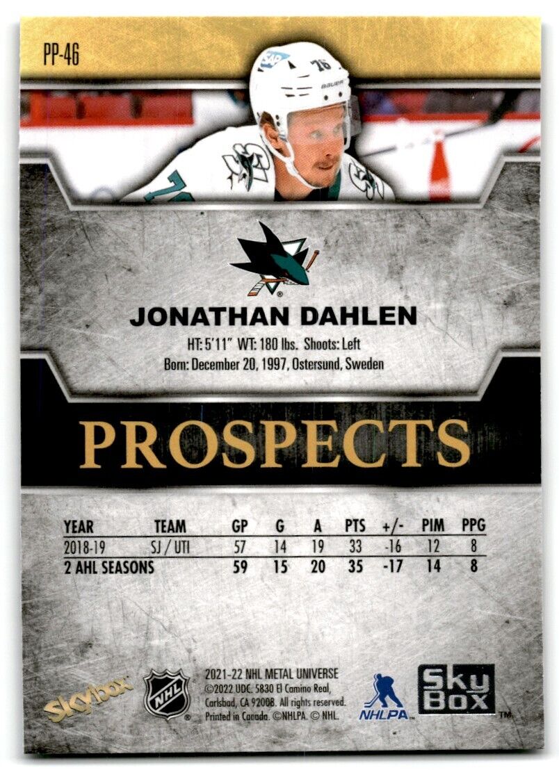 2021-22 Skybox Metal Universe Premium Prospects Jonathan Dahlen sapphire Rookie