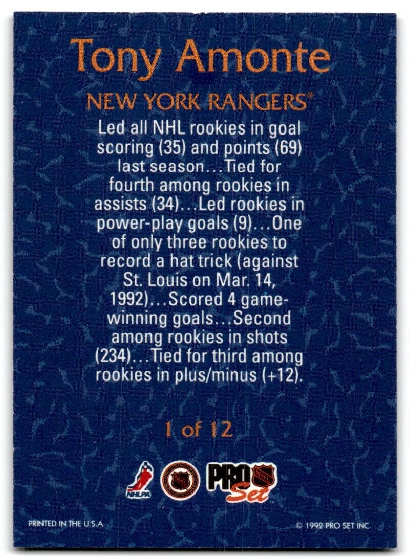 1992-93 Pro Set Rookie Goal Leaders Tony Amonte New York Rangers #1