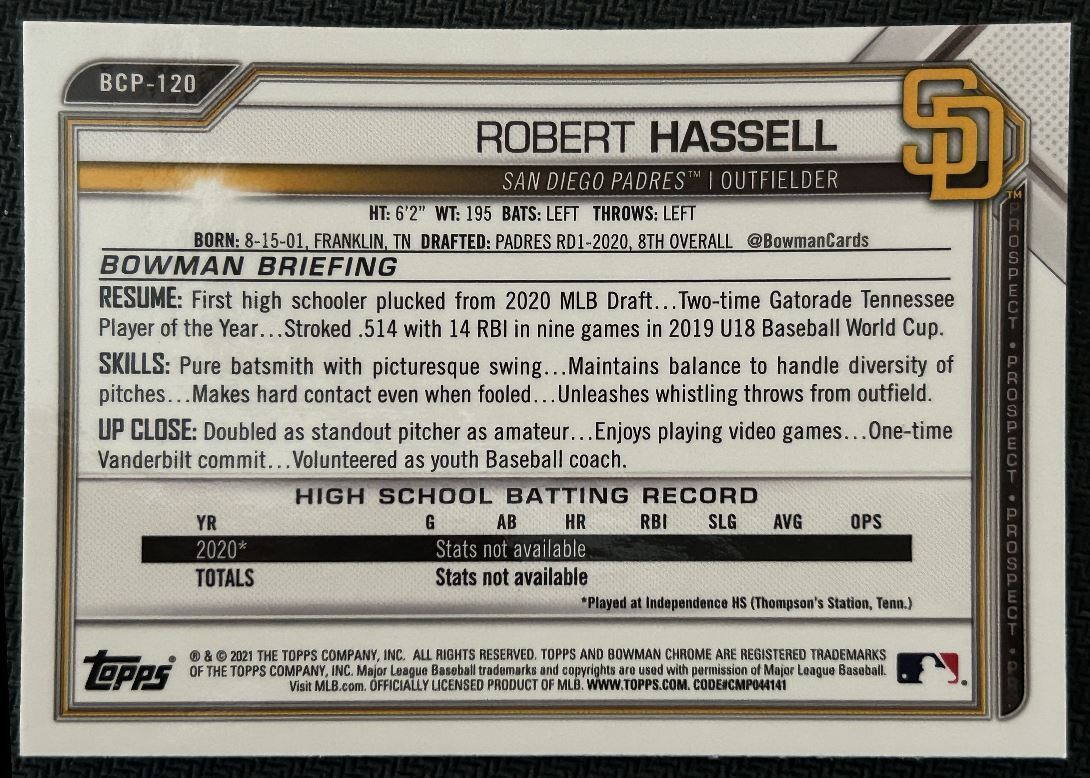 2021 Bowman Chrome Prospects Robert Hassell San Diego Padres #BCP-120