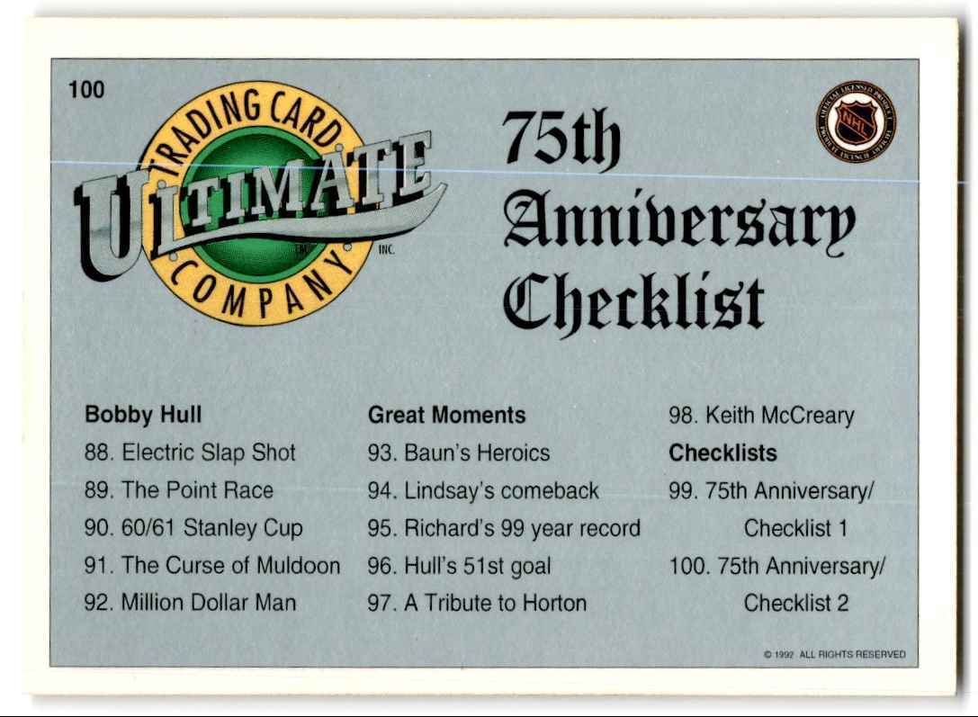 1992-93 Classic 75th anniversary Checklist NHL #100