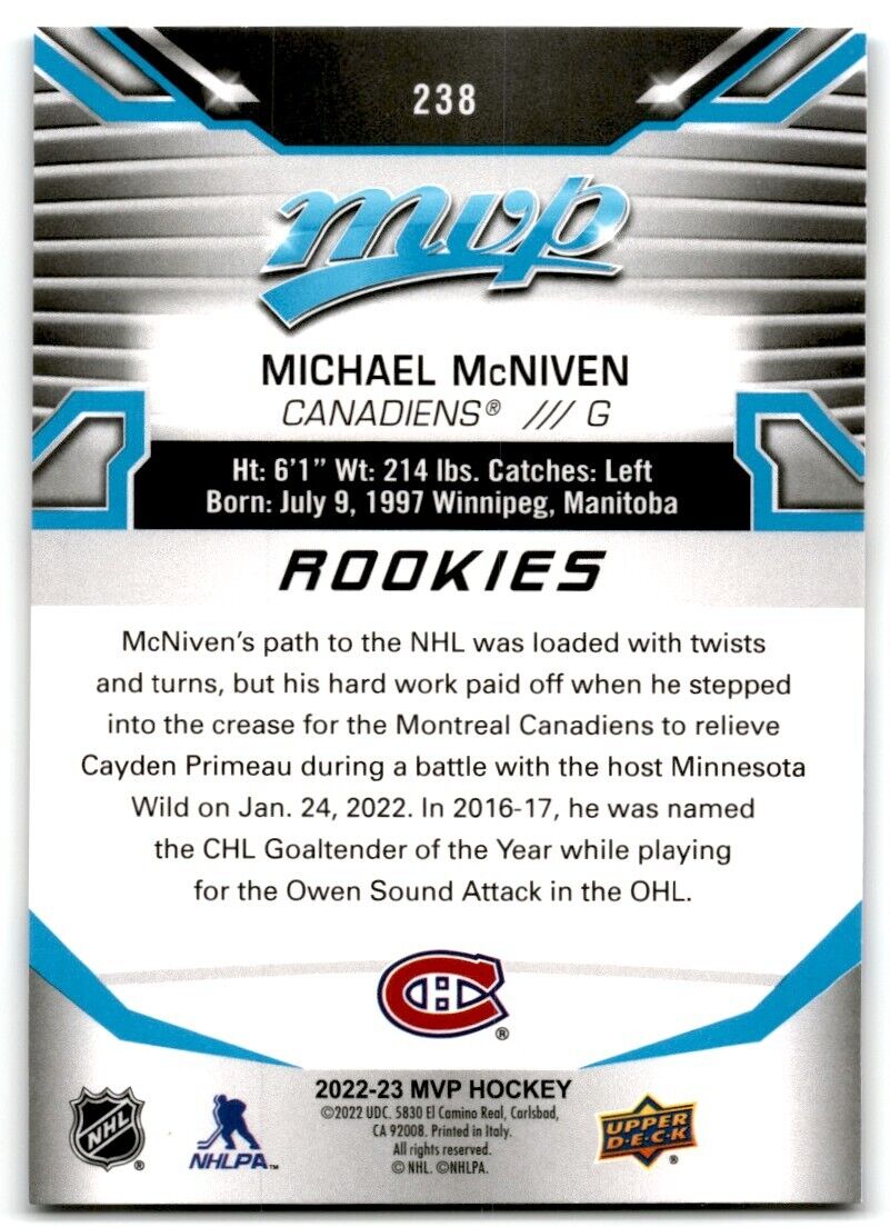 2022-23 Upper Deck MVP Michael McNiven Rookie Montreal Canadiens #238