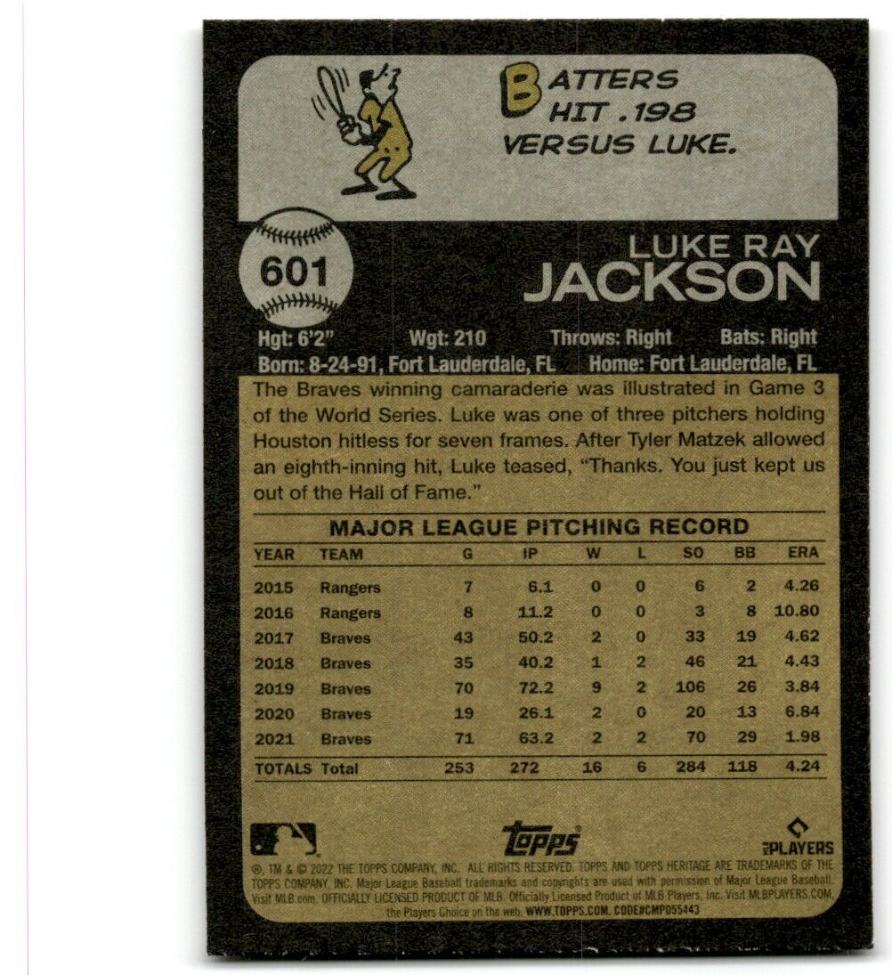 2022 Topps Heritage High Number Luke Jackson Atlanta Braves #601