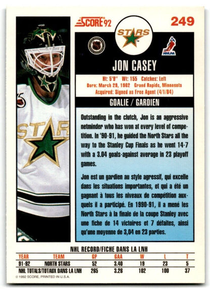 1992-93 Score Jon Casey Minnesota North Stars #249