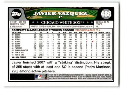 2008 Topps Javier Vazquez Chicago White Sox #486