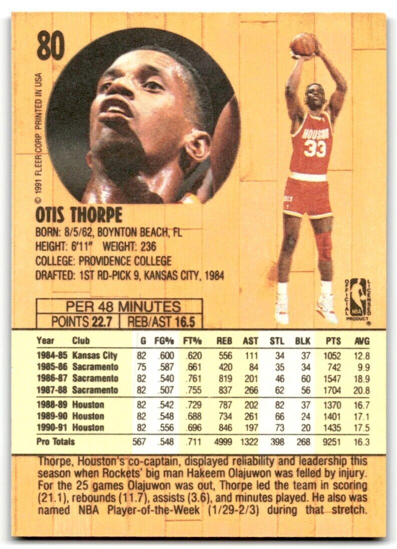 1991-92 Fleer Otis Thorpe Houston Rockets #80