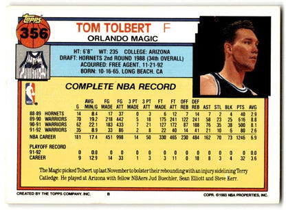 1992-93 Topps Tom Tolbert Orlando Magic #356