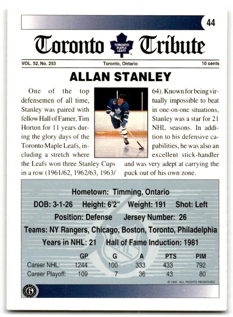 1991-92 Ultimate Original 6 French Allan Stanley Toronto Maple Leafs #44