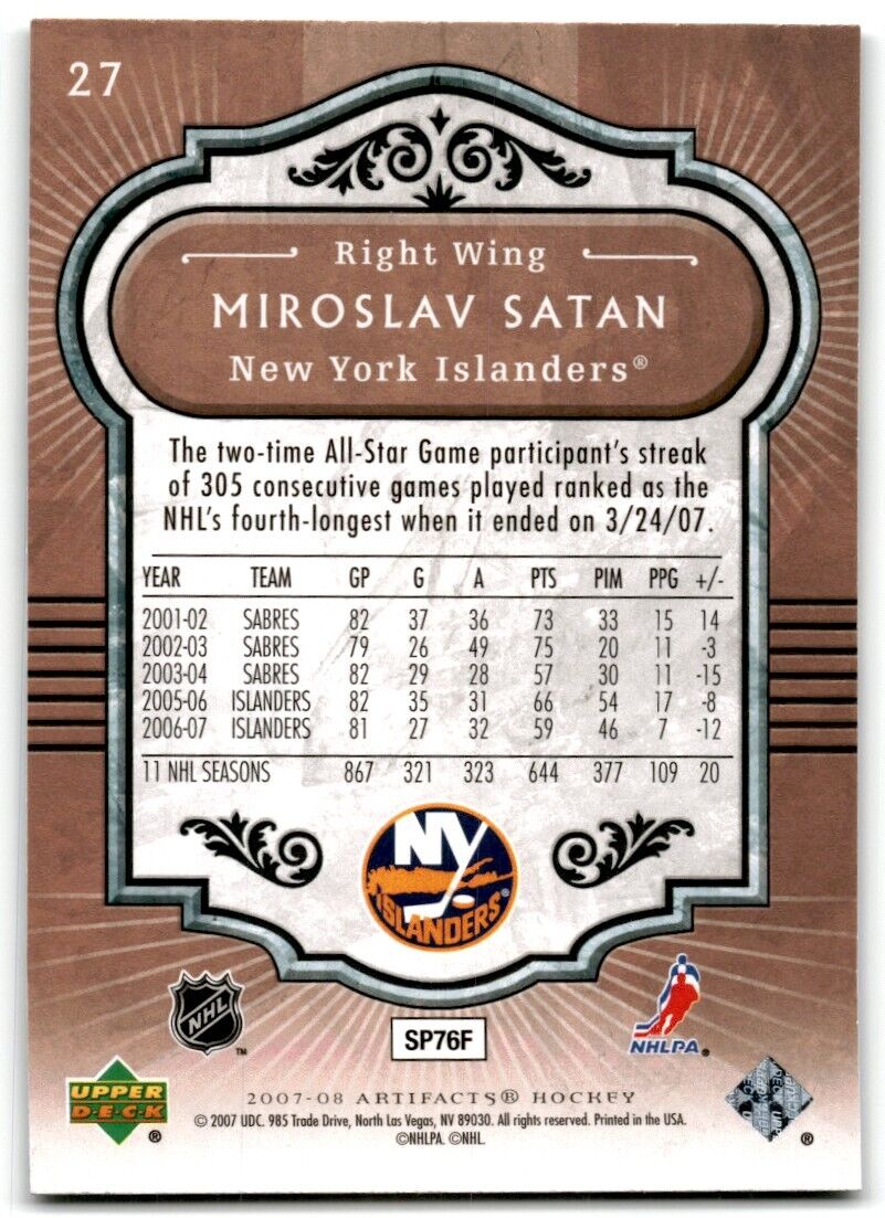 2007-08 Upper Deck Artifacts Miroslav Satan New York Islanders #27