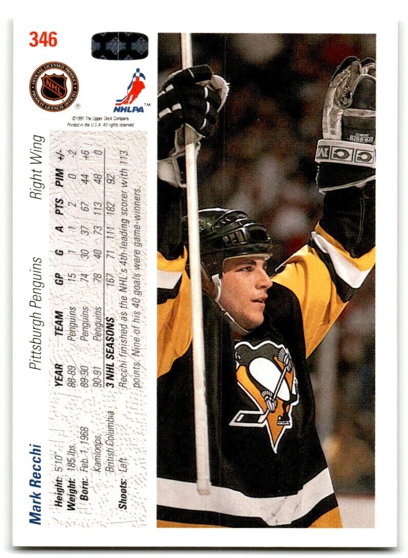 1991-92 Upper Deck Mark Recchi Pittsburgh Penguins #346