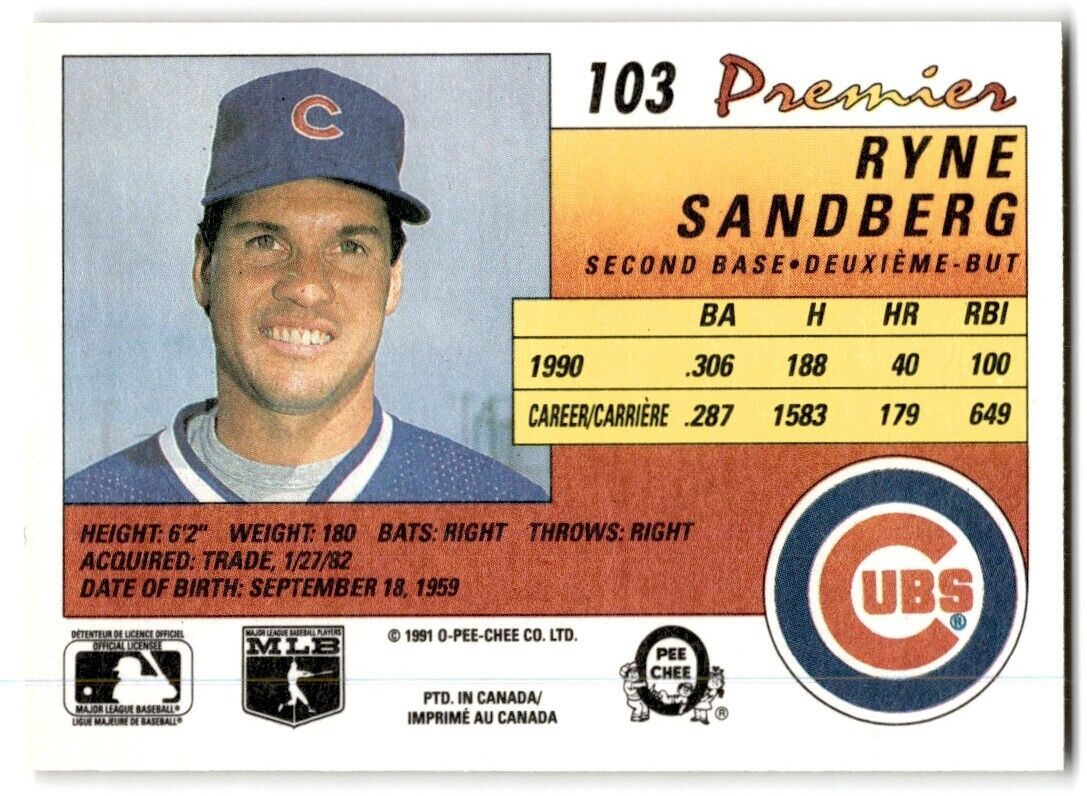 1991 O-Pee-Chee Premier Ryne Sandberg Chicago Cubs #103