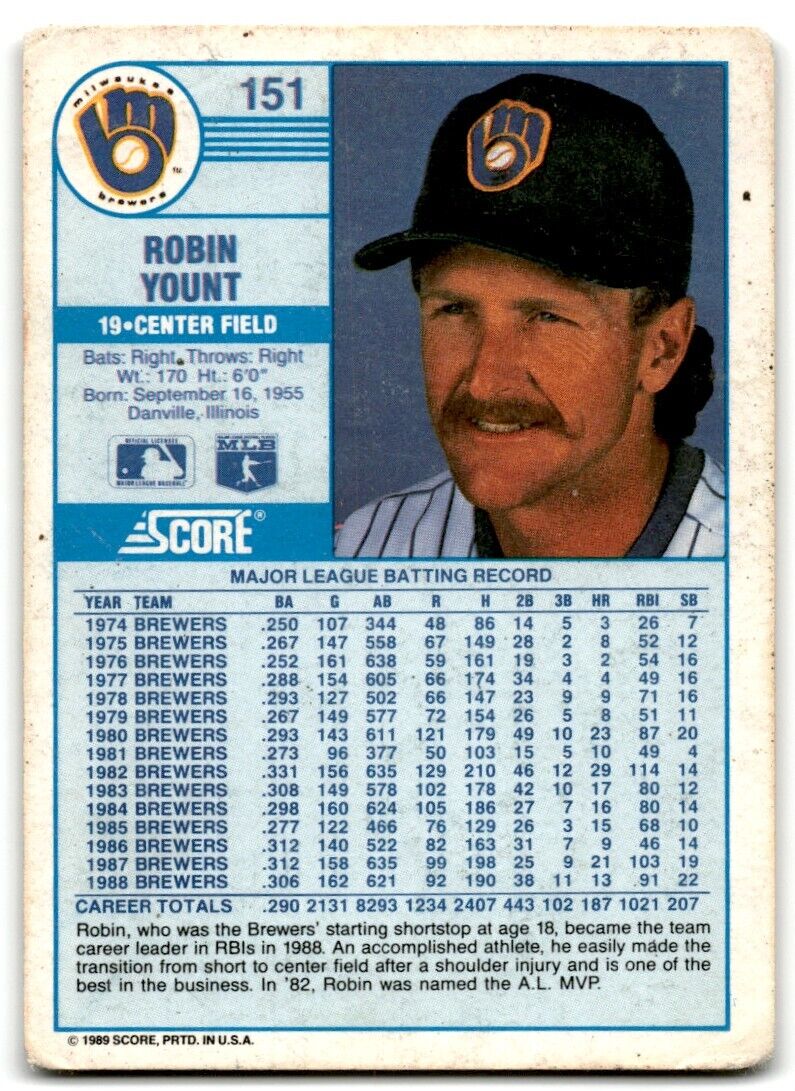 1989 Score Robin Yount Milwaukee Brewers #151